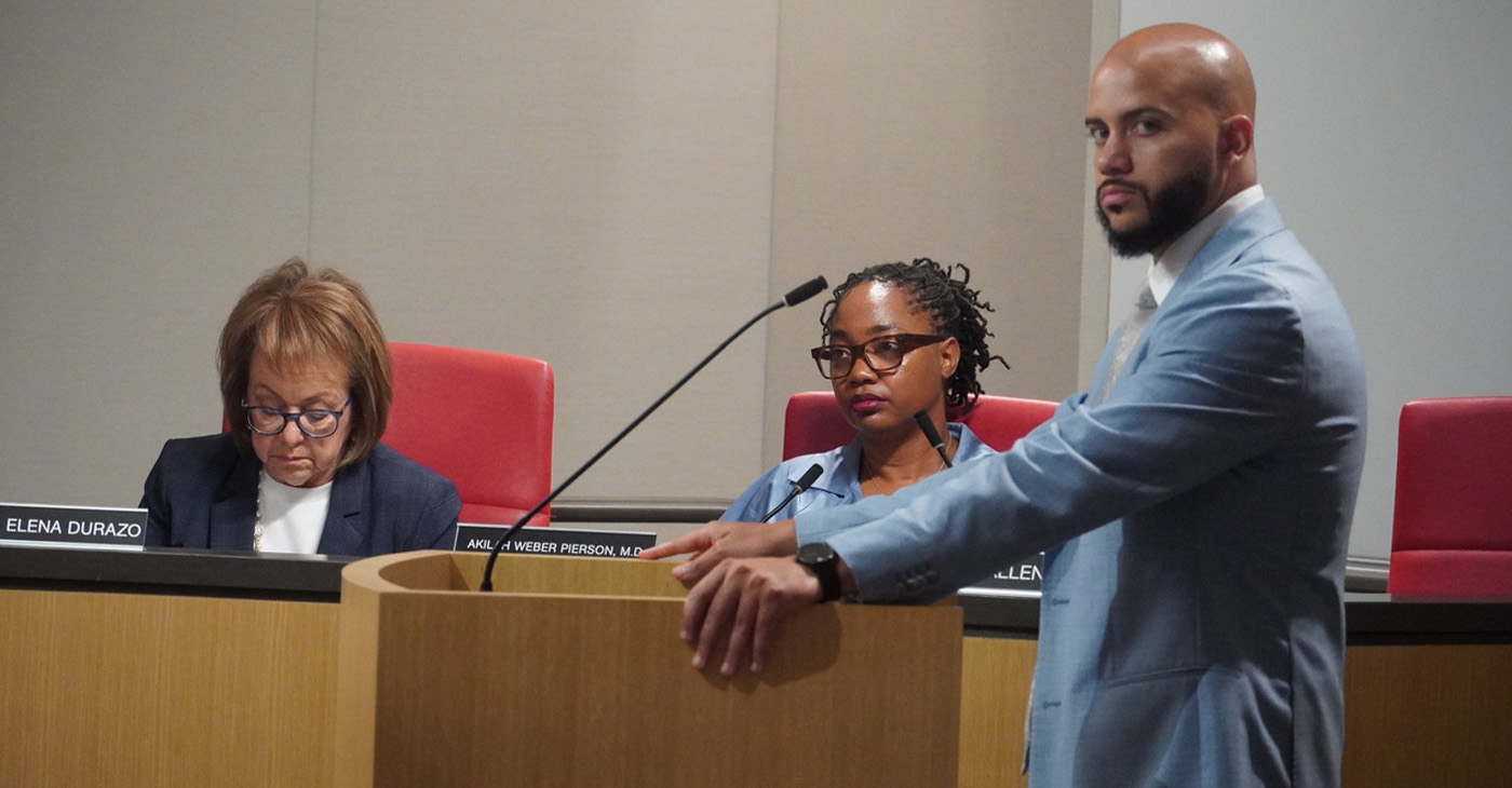 Asm. Isaac Bryan (D-Ladera Heights), at the podium, presents Assembly Bill 2599, the Truth in Disclosure Act, before the California Senate Judiciary Committee on June 24. The committee approved the measure on an 11-1 vote. The bill would require major corporations doing business in California with more than $100 million in annual worldwide gross receipts to search their historical records and submit sworn affidavits disclosing any ties to chattel slavery. Seated on the committee are Sen. Maria Elena Durazo (D-Los Angeles), left, and California Legislative Black Caucus Chair Sen. Akilah Weber Pierson (D-San Diego). CBM photo by Antonio Ray Harvey.