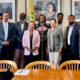 Present at the recent meeting on implementing recommendations on Oakland’s Disparity Study on city work contracts were (first row, l. to r.):  Chuck Baker, Oakland Mayor Barbara Lee and Darlene Flynn. Second row, l. to r.) Samuel Adams, Erica Astrella, Chadwick Spell, Cathy Adams, Stanley Cooper, Maria Wagner, Len Turner, Derek Barnes, Paul Cobb. Photo courtesy of Oakland Mayor’s Office.