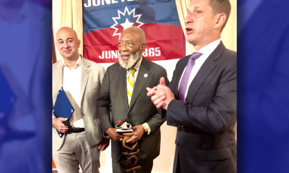 District 5 Supervisor Bilal Mahmood, Rev. Dr. Amos Brown, Pastor Emeritus of Third Baptist Church, SF Mayor Daniel Lurie. Photo by Linda Parker Pennington.