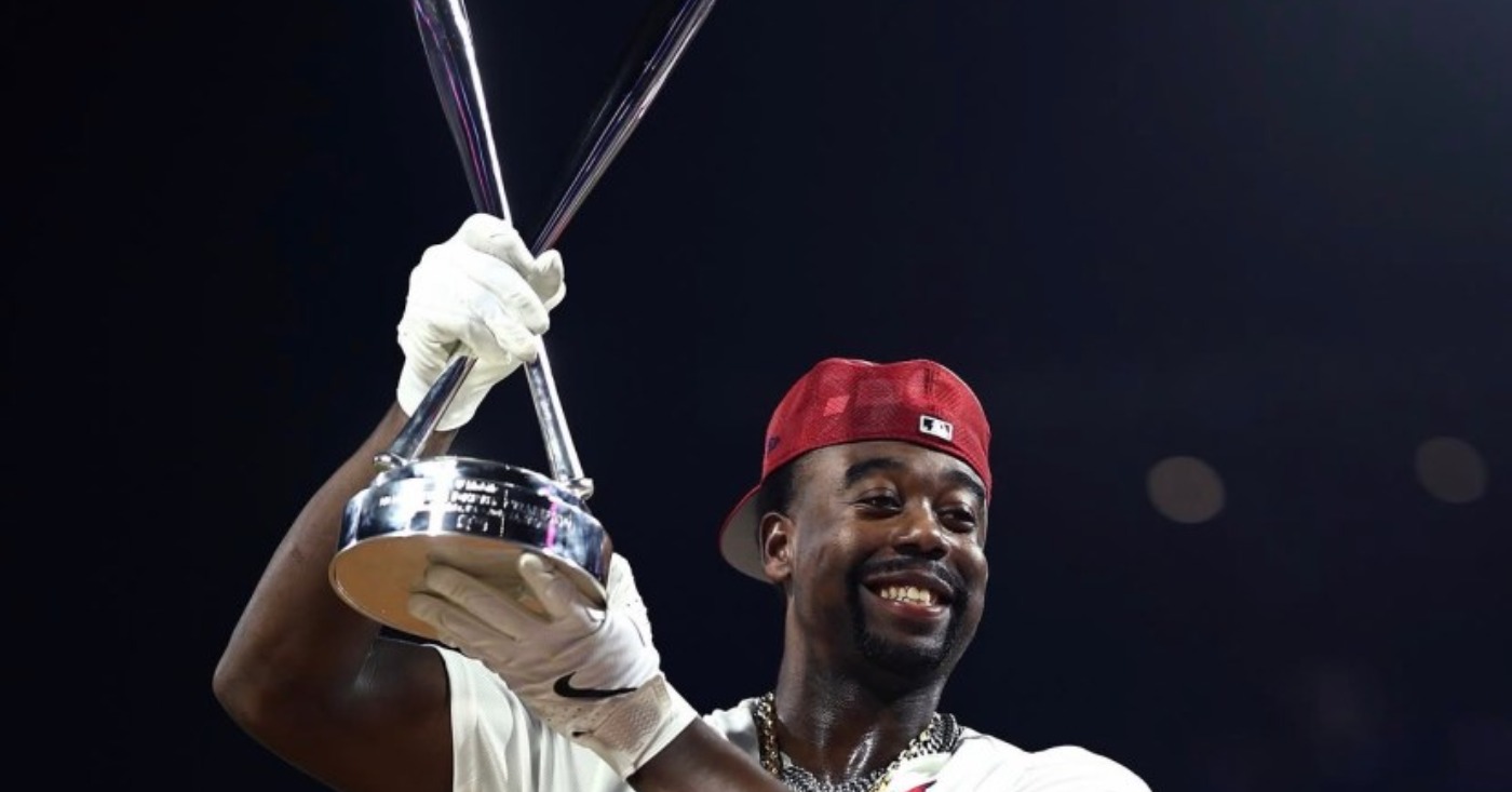 Jordan Walker displays the Home Run Derby trophy he won with an epic performance on Monday night at Citizens Bank Park in Philadelphia.
