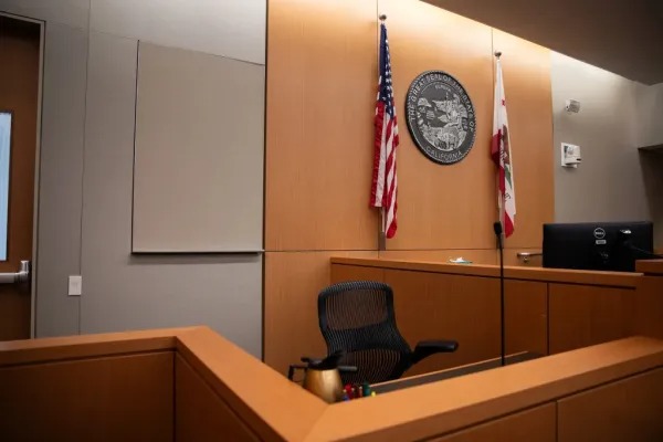 The witness stand of a courtroom at the San Diego Superior Court in downtown San Diego on Aug. 12, 2025. Credit: Photo by Adriana Heldiz, CalMatters
