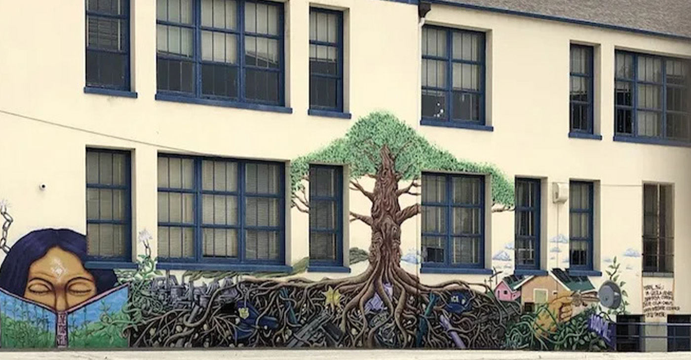 Mural at the Emiliano Zapata Oakland Street Academy, an alternative high school in the Oakland Unified School District, located at 417 29th St. in Oakland. Phone: (510) 874-3630.