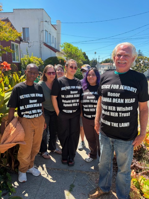 Approximately 25 to 30 of Jendayi’s neighbors came out in massive support on Tuesday observing, streaming and challenging the deputies’ actions on Tuesday. Regarding their show of support, on Wednesday, NBC Bay Area interviewed (left to right) Irene Sip, Elaine Chuck, Irene Yamasato, Joan Rosenberg, Joan Rosenberg, Jade Le, Arianna Angel, and David De Hart.  Courtesy photo.