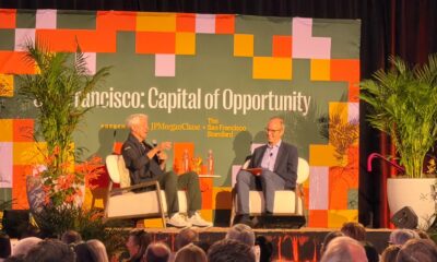 JPMorganChase Chairman and CEO Jamie Dimon, left, speaks during “San Francisco: Capital of Opportunity,” an event presented by JPMorganChase and The San Francisco Standard. Photo courtesy of JPMorganChase.