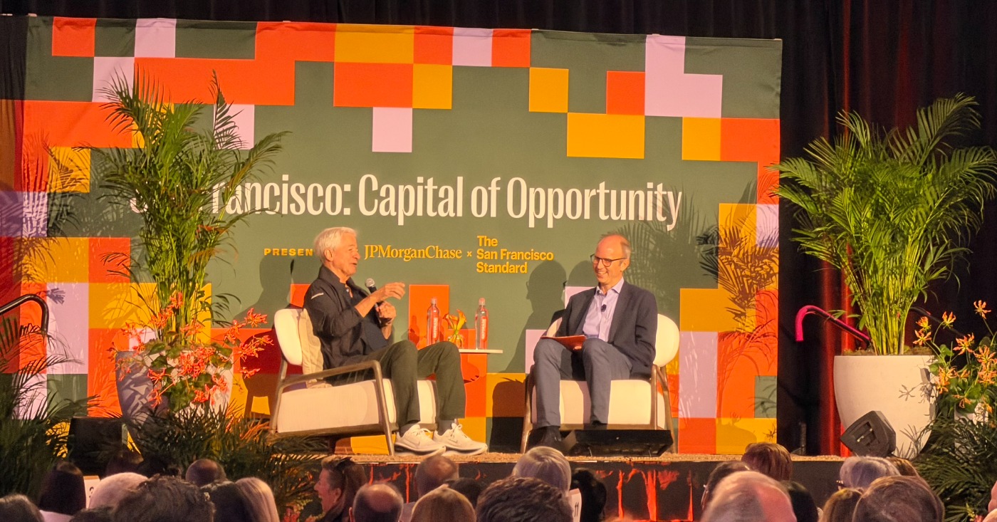 JPMorganChase Chairman and CEO Jamie Dimon, left, speaks during “San Francisco: Capital of Opportunity,” an event presented by JPMorganChase and The San Francisco Standard. Photo courtesy of JPMorganChase.