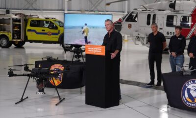 Gov. Gavin Newsom speaks during a July 21 presentation at McClellan Park highlighting California’s investments in advanced firefighting technology and wildfire prevention tools. CBM photo by Antonio Ray Harvey.