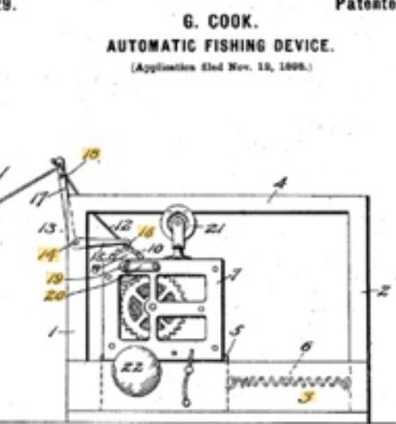 A copy of the patent for George Cook’s Automatic Fishing Device. Public domain.