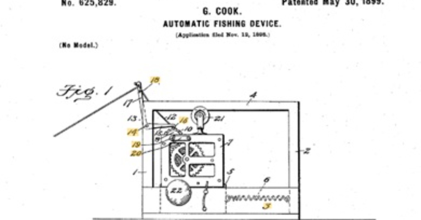 A copy of the patent for George Cook’s Automatic Fishing Device. Public domain.