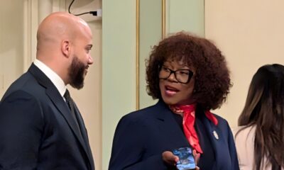 Assemblymember Tina McKinnor (D-Inglewood), right, introduced Assembly Bill 2113 to address a public safety enforcement gap involving unauthorized personal drones flying over crowds at large outdoor events in California. A violation would be an infraction punishable by a fine of up to $500. McKinnor is shown with fellow California Legislative Black Caucus member Assemblymember Isaac Bryan (D-Ladera Heights). CBM photo by Antonio Ray Harvey.