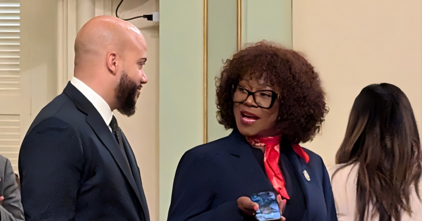 Assemblymember Tina McKinnor (D-Inglewood), right, introduced Assembly Bill 2113 to address a public safety enforcement gap involving unauthorized personal drones flying over crowds at large outdoor events in California. A violation would be an infraction punishable by a fine of up to $500. McKinnor is shown with fellow California Legislative Black Caucus member Assemblymember Isaac Bryan (D-Ladera Heights). CBM photo by Antonio Ray Harvey.