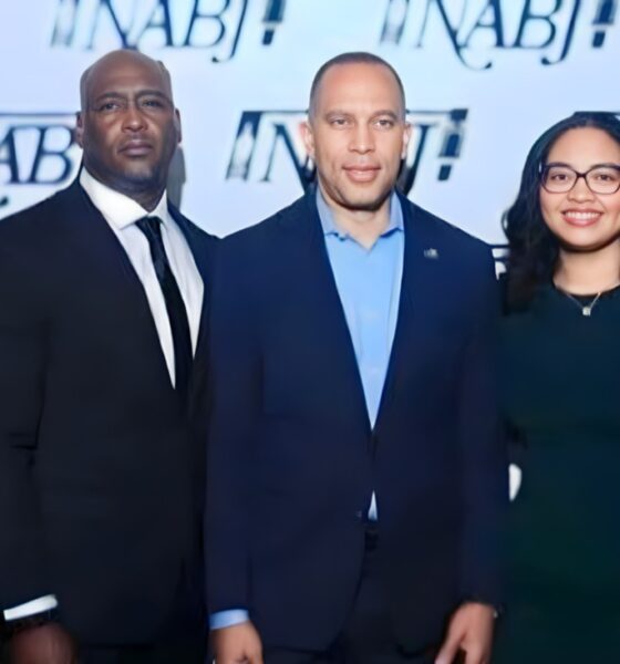 Civil Rights Attorney Ben Crump (left), House Majority Leader Hakeem Jeffries (middle), Rev. Al Sharpton (right) stand at the NABJ conference in Atlanta on Aug. 13 with Elmore and Christine Wonsley, the parents of Nolan Wells, a Black 18-year-old who died July 4th weekend in Mississippi