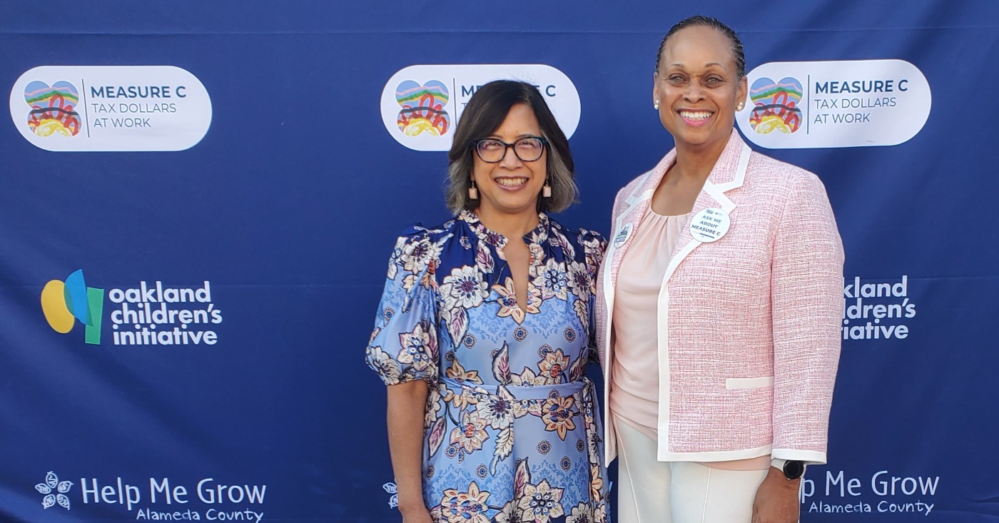 Alameda County Supervisor Nikki Fortunato Bas (left) with Community Advisory Councilmember and childcare provider Nancy Harvey. Photo by Carla Thomas.