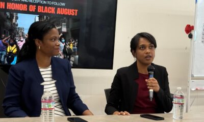 Speakers from the Cuban embassy First Secretary Sulia Páez Chacon (left) and Second Secretary Gabriela Castillo shared the harsh realities caused by the U.S. blockade that has intensified dramatically this year. Photo by Ken Epstein.