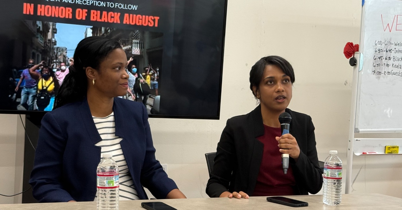 Speakers from the Cuban embassy First Secretary Sulia Páez Chacon (left) and Second Secretary Gabriela Castillo shared the harsh realities caused by the U.S. blockade that has intensified dramatically this year. Photo by Ken Epstein.