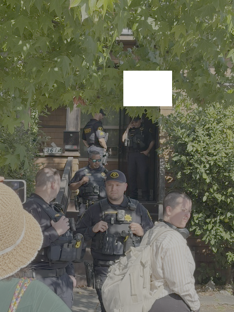 Fifteen to 19 Sheriff's deputies placed tape over her security cameras, before breaking the locks and entering her home despite the bankruptcy filing taped to the door. Courtesy photo.