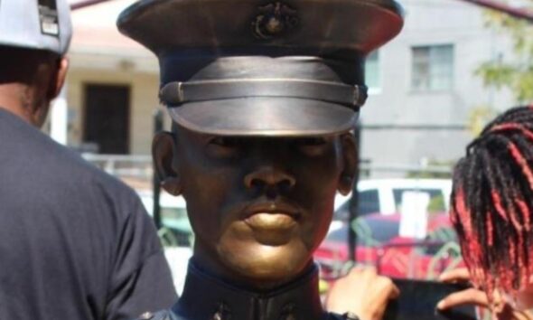 A bust by sculptor Dana King at Tyrone Carney Park in the Sobrante Park neighborhood of East Oakland honors U.S. Marine Corps PFC Tyrone Carney who died while serving in Vietnam in 1968. Photo Courtesy of OBL.