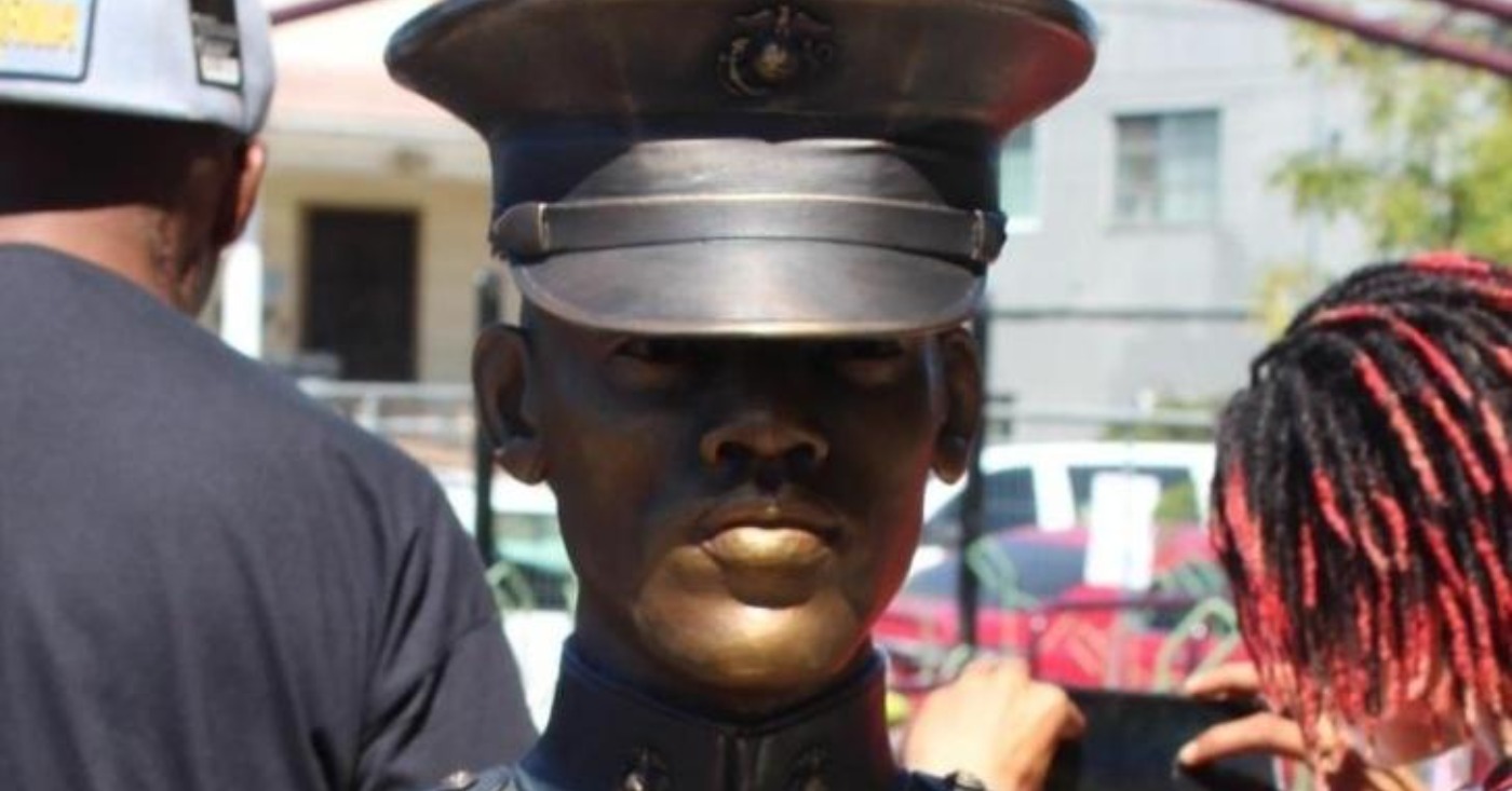 A bust by sculptor Dana King at Tyrone Carney Park in the Sobrante Park neighborhood of East Oakland honors U.S. Marine Corps PFC Tyrone Carney who died while serving in Vietnam in 1968. Photo Courtesy of OBL.
