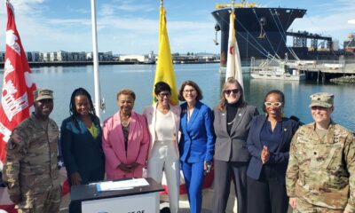 The U.S. Army Corps of Engineers (USACE) San Francisco District and the Port of Oakland commemorated the signing of the inaugural Design Agreement for the Oakland Harbor Turning Basins Widening Project during a ceremony aboard the USS Potomac at Jack London Square. (L-R) Major General Jason Kelly, USACE Deputy Commanding General for Civil and Emergency Operations, Oakland City Councilmember Carroll Fife D-3, Oakland Mayor Barbara Lee, Oakland Port Commission President Stephanie Dominguez Walton, Alameda Mayor Marilyn Ezzy Ashcraft, Port of Oakland Executive Director Kristi McKenney, U.S. Representative Congresswoman Lateefah Simon D-12, Lt. Col. Virginia Brickner, and commander of the USACE San Francisco District. Photo by Carla Thomas.