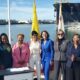 The U.S. Army Corps of Engineers (USACE) San Francisco District and the Port of Oakland commemorated the signing of the inaugural Design Agreement for the Oakland Harbor Turning Basins Widening Project during a ceremony aboard the USS Potomac at Jack London Square. (L-R) Major General Jason Kelly, USACE Deputy Commanding General for Civil and Emergency Operations, Oakland City Councilmember Carroll Fife D-3, Oakland Mayor Barbara Lee, Oakland Port Commission President Stephanie Dominguez Walton, Alameda Mayor Marilyn Ezzy Ashcraft, Port of Oakland Executive Director Kristi McKenney, U.S. Representative Congresswoman Lateefah Simon D-12, Lt. Col. Virginia Brickner, and commander of the USACE San Francisco District. Photo by Carla Thomas.