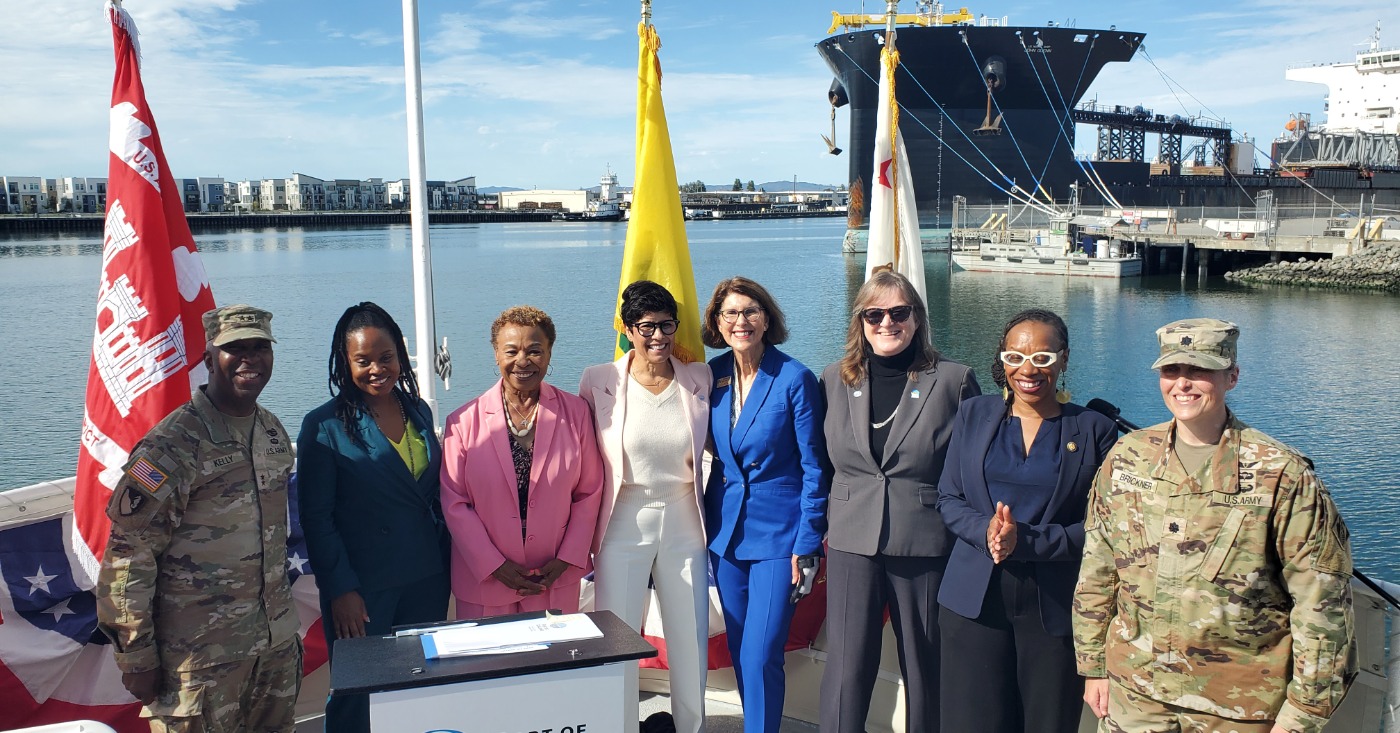 The U.S. Army Corps of Engineers (USACE) San Francisco District and the Port of Oakland commemorated the signing of the inaugural Design Agreement for the Oakland Harbor Turning Basins Widening Project during a ceremony aboard the USS Potomac at Jack London Square. (L-R) Major General Jason Kelly, USACE Deputy Commanding General for Civil and Emergency Operations, Oakland City Councilmember Carroll Fife D-3, Oakland Mayor Barbara Lee, Oakland Port Commission President Stephanie Dominguez Walton, Alameda Mayor Marilyn Ezzy Ashcraft, Port of Oakland Executive Director Kristi McKenney, U.S. Representative Congresswoman Lateefah Simon D-12, Lt. Col. Virginia Brickner, and commander of the USACE San Francisco District. Photo by Carla Thomas.