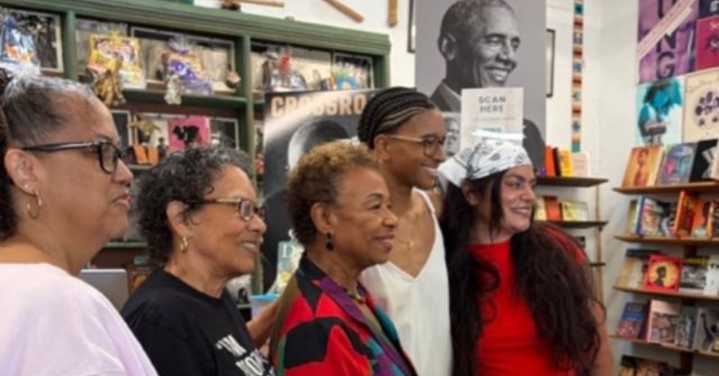 (L.to R.) Cherysse Calhoun and Blanche Richardson of Marcus Books join Oakland Mayor Barbara Lee with Indya McGuffin and Bean Tupou of Storyland Collective inside the store on Sept. 12. Courtesy photo.