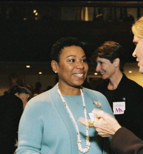 Barbara Lee greets longtime friend Gloria Steinem in undated photo. Facebook image.