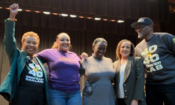 Oakland Mayor Barbara Lee, left. moderated a community chat with (l.to r.) Selena Wilson, CEO of the East Oakland Youth Development Center; Carolyn “CJ” Johnson, CEO of the Black Cultural Zone; Dr. Noha Aboelata, CEO of Roots Health Center and Greg Hodge, CEO of the Brotherhood of Elders.
