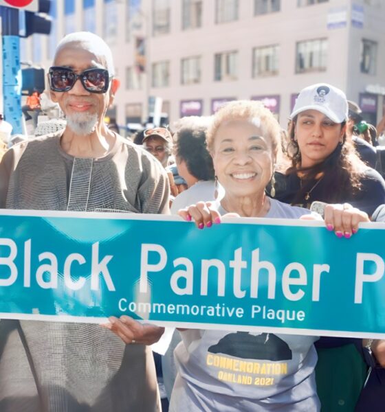 A portion of Broadway from 14th to 17th street was renamed Black Panther Party Boulevard as part of the 60th anniversary of the party’s founding, which was Oct. 15, 1966. Present were (from left) Fredrika Newton, former U.S. Rep. Bobby Rush (the only BPP member elected to Congress); Oakland Mayor Barbara Lee, and District 3 City Councilmember Carroll Fife. Newton, widow of BPP co-founder Huey P. Newton, co-founded the foundation that bears his name as well as the Black Panther Party Museum that is now on BPP Boulevard. Earlier this year, a street was named for BPP co-founder Bobby Seale at 57th and Martin Luther King Jr. Way. Courtesy photo.